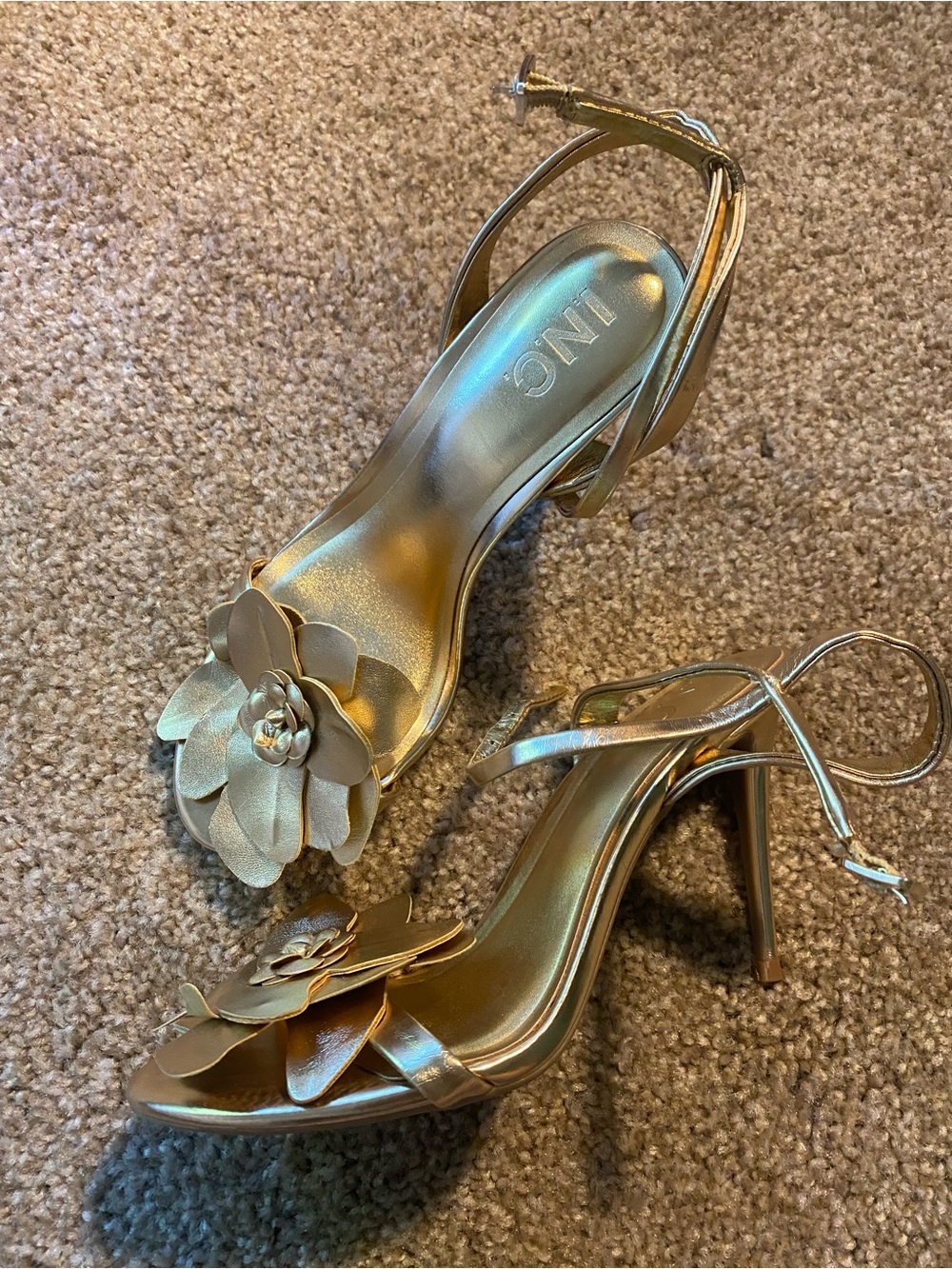 INC International Concepts Metallic Gold Floral Ankle-Strap Heels - Picture 3 of 4